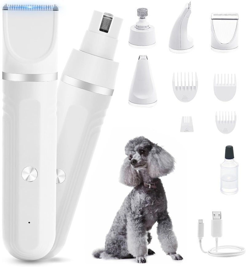 Cornnpet Dog Hair Clippers Grooming Kit and Paw Trimmer Nail Grinder Quiet,Dog Trimmer for Grooming,4-in-1 Rechargeable Cordless Low Noise Dog Shaver Grooming for Dogs Pets Cats(White) - Image 1